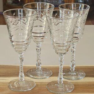 4 Rock Sharpe Artic Rose Water Glasses 8" wine floral cut glass vtg elegant stem